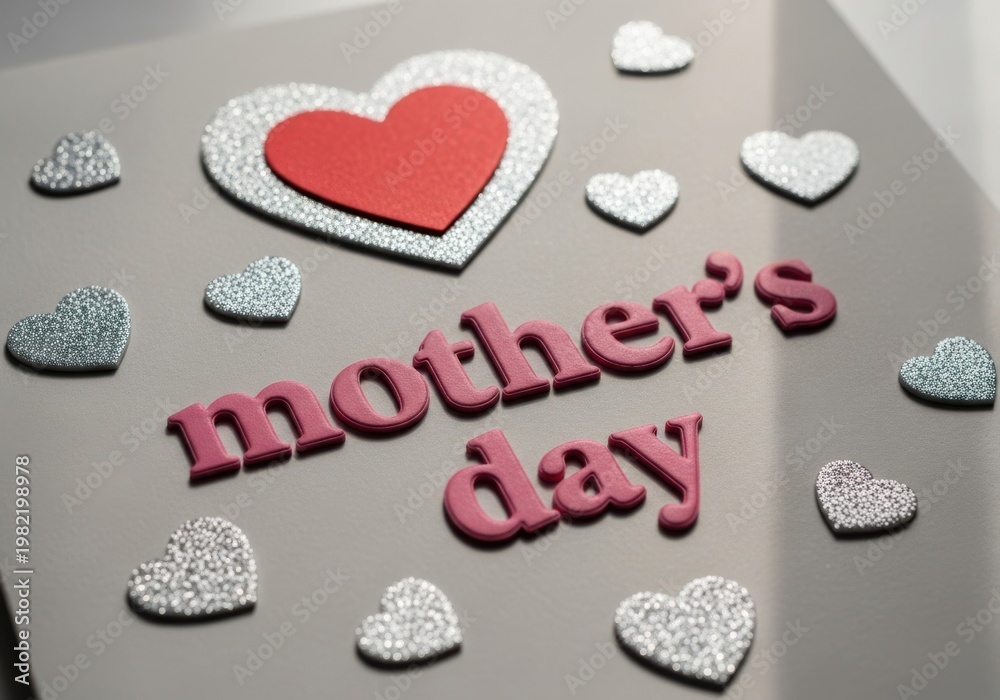Obraz premium A mothers day card with pink and silver hearts on gray background