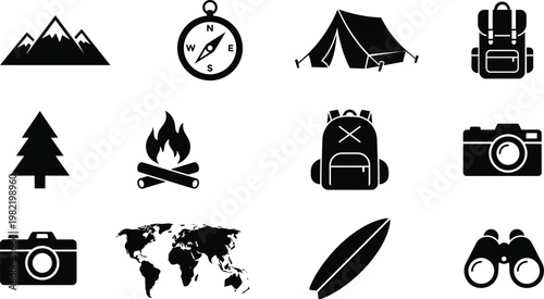 Black icons of travel and outdoor adventure symbols and objects in one frame
