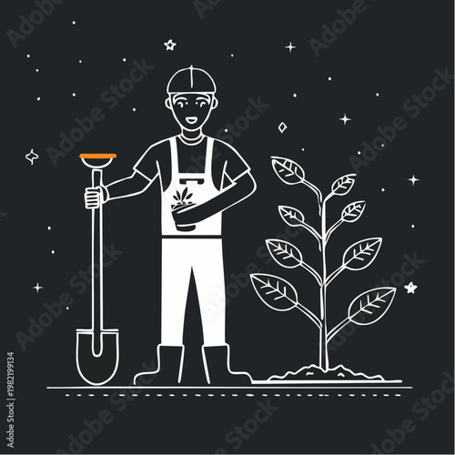 Gardener Planting Tree Sapling With Shovel, Hand Drawn Outline Illustration For Reforestation And Environment