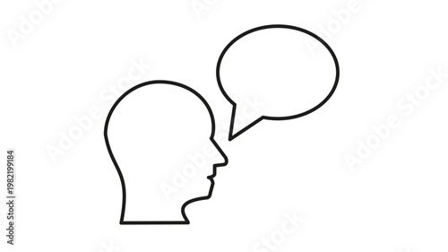 Minimalist black line art vector illustration of a human head profile with a speech bubble, symbolizing communication, dialogue, conversation, speaking, and thinking, isolated on white.