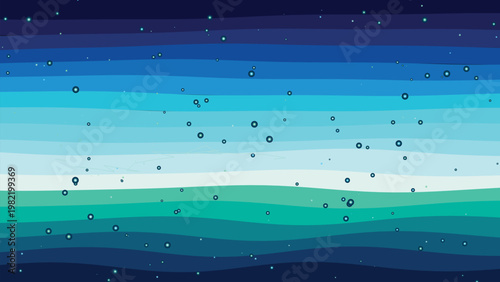 Abstract background with horizontal gradient stripes in deep blues, teals, and aquamarines, featuring scattered glowing bubbles and subtle stars, a tranquil vector illustration for modern