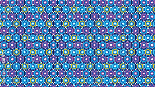 Seamless geometric pattern featuring vibrant blue, purple, and yellow hexagons, creating a modern abstract mosaic background. This colorful repeating texture is ideal for digital art, web
