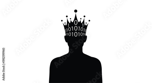 Silhouette of a human head wearing a digital crown constructed from binary code numbers to represent artificial intelligence and technological leadership.