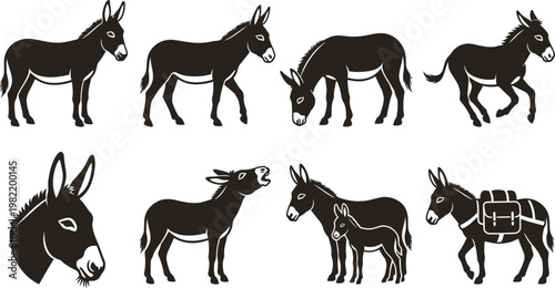 Donkey Silhouettes Vector Set | Farm Animal Livestock Icon