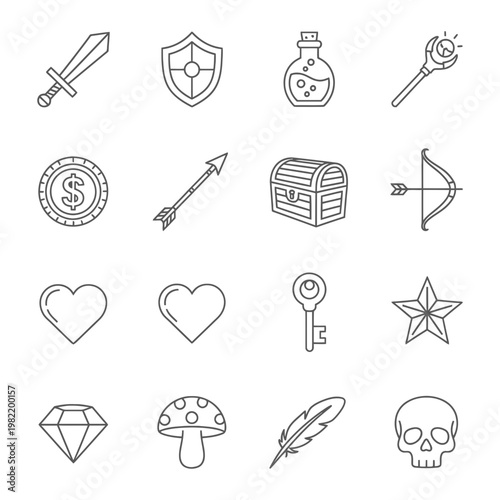 Fantasy rpg and adventure game line icons