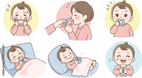 Cartoon Baby Care Illustration Set with Baby Feeling Sick, Mom Administering Medicine, and Baby Comforted to Sleep for Parenting, Health, and Family Care Designs