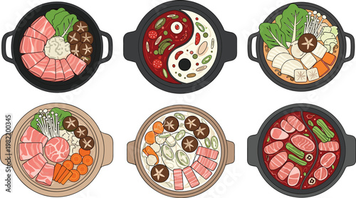 Hot Pot and Shabu Shabu Dish Collection with Meat Vegetables and Broth Top View Asian Cuisine Food Illustration Set for Restaurant Menu Design