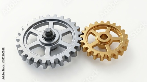 Metallic Gears in Silver and Gold with Elegance and Precision on Soft White Background