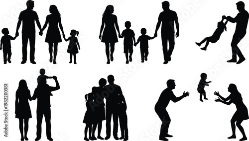 Silhouettes of happy family members and people in various poses and activities together outdoors