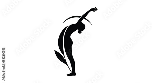 Woman silhouette gracefully practicing yoga posture integrated with natural leaf elements conveys the harmony between human movement and the calming influence of the environment.
