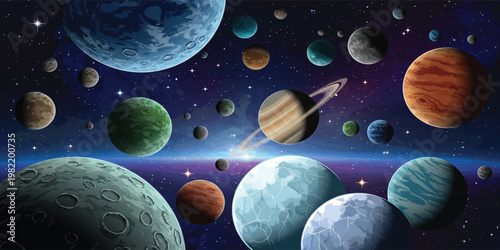 Colorful Planet Collection in Outer Space with Stars and Galaxies Fantasy Universe Illustration Featuring Multiple Celestial Bodies and Cosmic Background Design