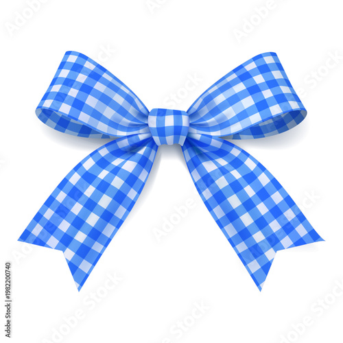 Blue gingham ribbon bow with curled loops and tails isolated on white gift wrap decoration for invitations packaging and holiday design