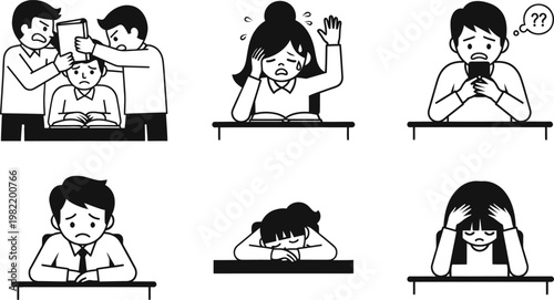 Black and white illustration of students experiencing various emotions