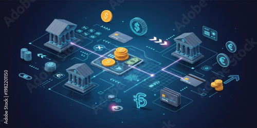 Digital Banking and Fintech Network with Online Payments Money Transfer and Blockchain Financial Technology Concept