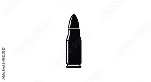 Bold black silhouette of a single rifle or handgun bullet standing vertically against a clean white background.