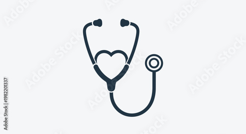 Health and medicine themed icon featuring a dark blue stethoscope with its tubing forming a symmetrical heart shape.