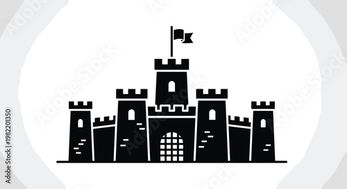 Black silhouette of a medieval stone castle with multiple towers and a waving flag on top against a soft gray and white circular background for history.