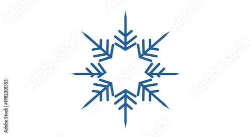 Symmetrical blue snowflake icon with stylized crystalline branches is isolated on a plain white background for design.