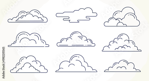 Diverse collection of cloud shapes depicted in a clean dark blue line art style arranged on a light grey background.