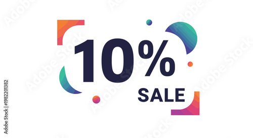 Vibrant promotion banner showcasing a ten percent sale message with colorful abstract corners and floating spheres.