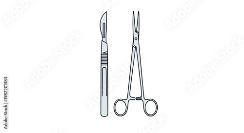 Essential surgical tools including a sharp metal scalpel and pointed medical forceps are shown as detailed icons.