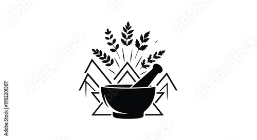Mortar and pestle icon sits before wheat stalks to illustrate traditional herbal medicine, natural pharmacy, or organic agriculture processes.