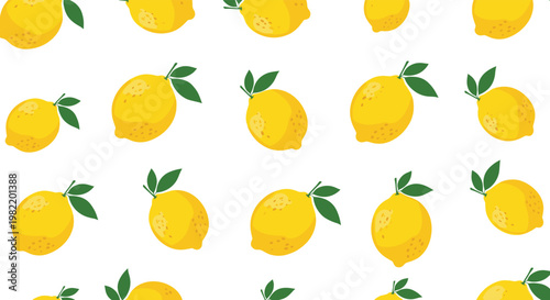 Refreshing seamless pattern features bright yellow lemons with green leaves arranged neatly on a plain white backdrop.