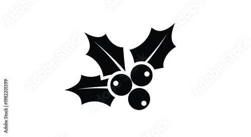 Solid black silhouette of mistletoe or holly leaves with three berries represents classic winter holiday decoration.