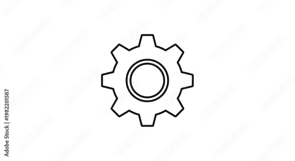 Fototapeta premium Single black outline gear icon representing mechanical engineering, settings, options, or industrial manufacturing on white background.