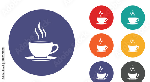 Set of colorful circular icons each featuring a white silhouette of a steaming coffee cup for cafe and beverage apps.