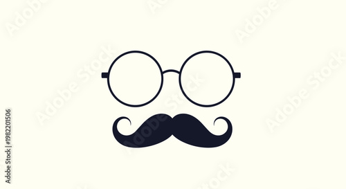 Classic black silhouette of round spectacles and a curled handlebar mustache on a simple off-white background.