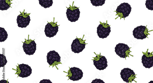 Seamless background pattern of ripe purple blackberries with green leaves scattered across a clean white surface.