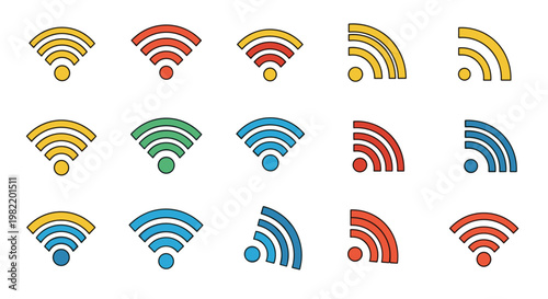 Grid of fifteen Wi-Fi signal strength icons in various colors and orientations for network connectivity concepts.