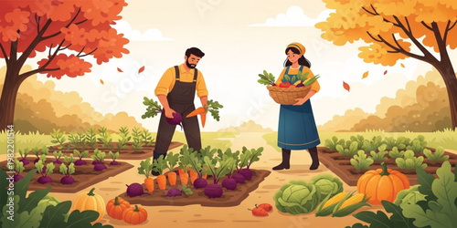 Farmers Harvesting Fresh Vegetables in Autumn Garden with Organic Farming Scene Featuring Carrots Beets Pumpkins and Crops Agricultural Illustration for Healthy Food Concept