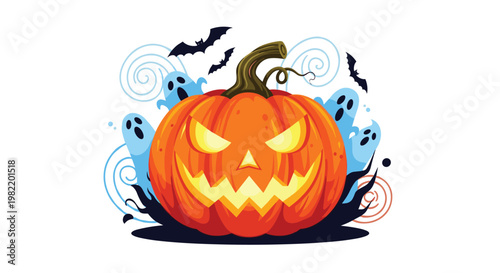 Spooky Halloween illustration of a glowing carved pumpkin surrounded by ghosts and bats in a cartoon style.
