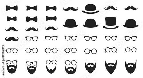 Extensive set of black silhouettes including mustaches, glasses, hats, and beards for photo booth props and icons.