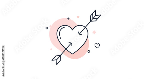 Romantic line art heart pierced by an arrow with abstract pink shapes and decorative icons on a white background.