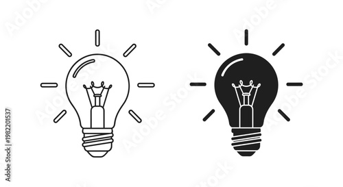 Pair of light bulb icons showing one outlined version and one solid black version with rays to signify new ideas.
