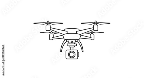 Modern quadcopter drone with an integrated camera system shown in a detailed black and white line art illustration.