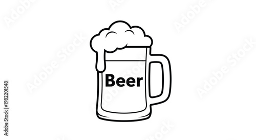 Simple black and white line art of a large glass mug of beer with thick white foam spilling over the top edge.