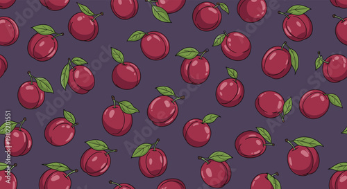 Seamless fruit pattern featuring purple plums with green leaves on a matching dark purple background for textiles.