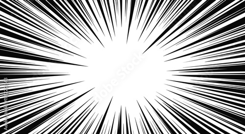 Dramatic black and white radial burst lines radiating from the center creating a sense of speed and action.