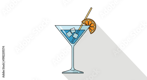 Blue cocktail drink in a martini glass with ice cubes, a straw, and an orange slice garnish casting a long shadow on a white background.