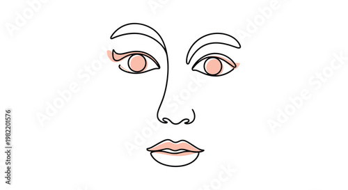 Minimalist one-line drawing of a beautiful woman face with soft pink highlights on the eyes and lips over a clean white background.