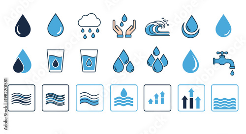 Comprehensive set of water-related icons and symbols including droplets, waves, rain, taps, and glasses of water in blue and dark tones.