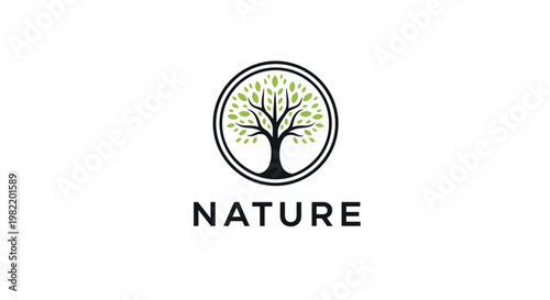 Elegant circular logo featuring a black tree silhouette with green leaves and the word nature printed in bold black letters underneath it.