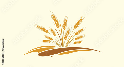 Golden wheat ears and stalks growing from stylized abstract fields depicted in warm tones on a light yellow background for agriculture.
