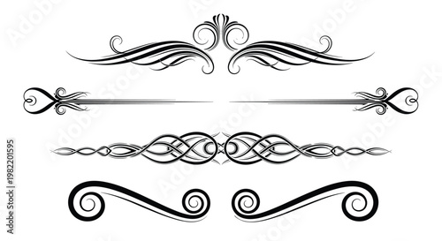 Collection of four different black calligraphic decorative dividers and ornamental flourishes for formal document design and invitations.