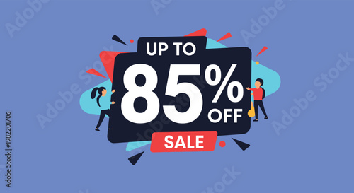 Dynamic sale banner featuring 85 percent off text and small character illustrations of people climbing and holding onto the price bubble.