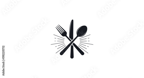 Black silhouette of crossed fork knife and spoon with decorative rays around them for restaurant menu and dining brand identity.